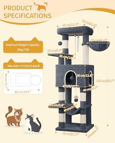 Hzuaneri Cat Tree, 149 cm High, Cat Play Tower, Scratching Post - Image 3