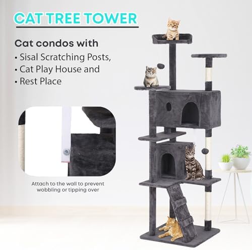 FDW | 70" Cat Tree Tower | Light Gray | Multi-Level Indoor Activity Center - Image 6