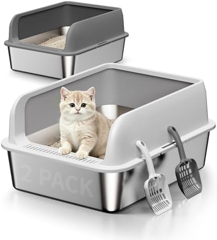 2 Pack Stainless Steel Cat Litter Box, High Sides Litter Pan by FusblomOfficial