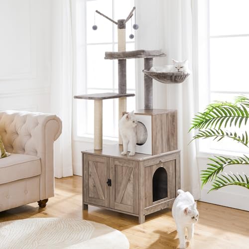 HOOBRO Cat Tree Tower with Litter Box Enclosure Indoor, Wooden Cat Condo with - Image 2
