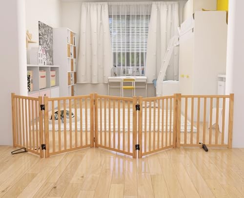 YOCAN Non-Painted Wooden Freestanding Dog Gates -5 Panels L:115" H:23" by YOUCANPET