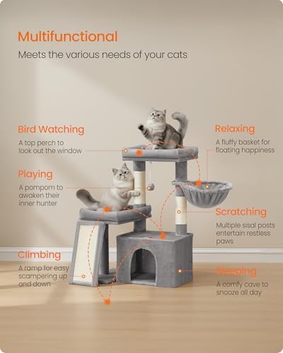Feandrea Cat Tree, 33.8" Cat Tower, Scratching Posts and Ramp, Dove Gray - Image 3