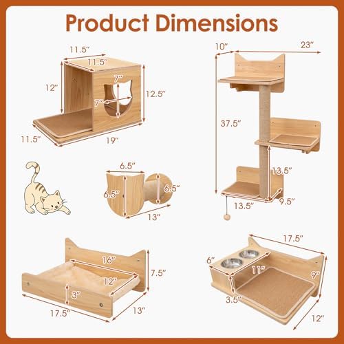 Tangkula Cat Wall Shelves, 6 Pieces Wooden Wall Mounted Kitten Furniture Set - Image 4