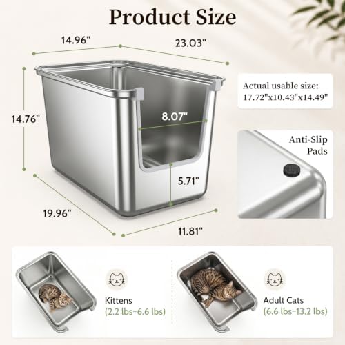 14.7 Inches High Sides Cats Litter Box, 304 Food Grade Stainless Steel - Image 2