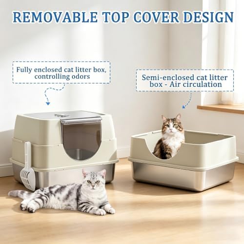 Flip-top Stainless Steel cat Litter Box, Fully Enclosed cat Toilet - Image 3