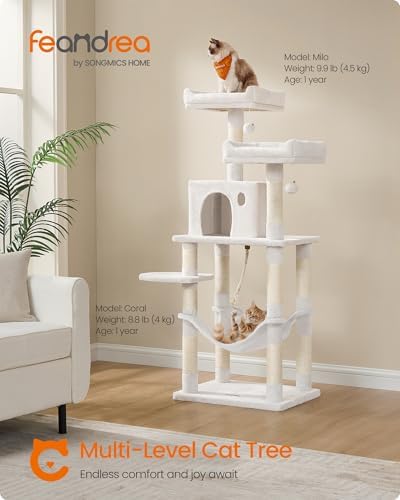 Feandrea Cat Tree, 55.8-Inch Tall Cat Tower Condo Indoor, Light Warm White - Image 3