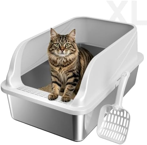 Stainless Steel XL Cat Litter Box, High‑Sides Anti‑Spill Metal Litter Pan by KISENG