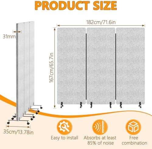 Soundproof Room Divider with Wheels, 66in Acoustic Room Divider Panel, 3 Panel - Image 6
