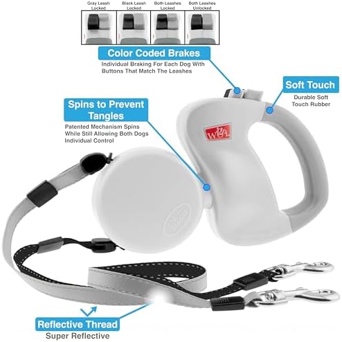 Dual Doggie Two Dog Retractable Leash, 360° Auto-Untangles, Color-Coded - Image 2