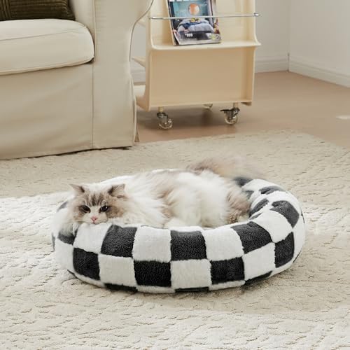 Ohocut Checkered Cat Dog Bed, Cute Black White Retro Style Aesthetic Round by Ohocut
