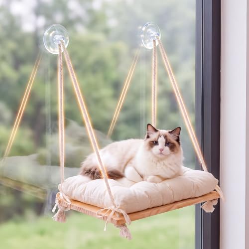 Cat Window Perch Hammock with Upgraded 4 Suction Cups Soft Cushion Wood Bed - Image 5