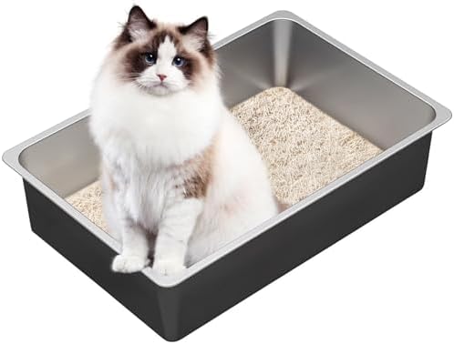 Ohtomber Large High Sided Stainless Steel Cat Litter Box by Ohtomber