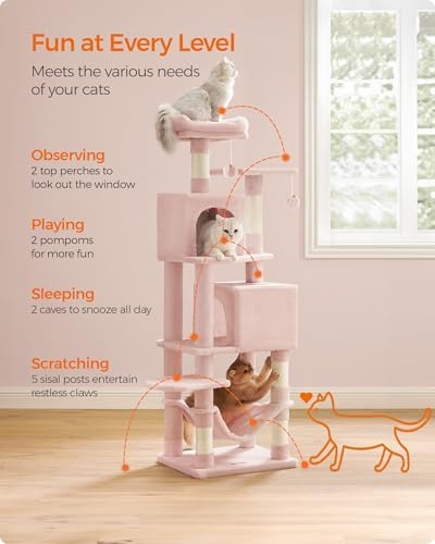 Feandrea Cat Tree, 59.5-Inch Tall Cat Tower, Jelly Pink - Image 4