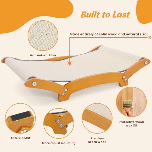 Sisal Cat Scratcher Bed for Indoor Cats, 26.3in Solid Beech Wood Frame - Image 3