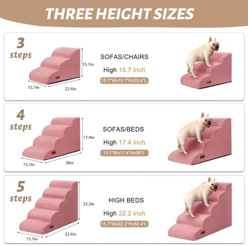 5-Step Pink Dog Stairs for High Bed, Pet Ramp for Small Dogs - Image 3