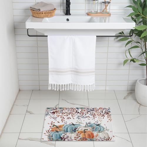 Giwawa Fall Orange Pumpkin Bath Rug Eucalyptus Leaves Bathtub Mat Soft Washable - Image 2