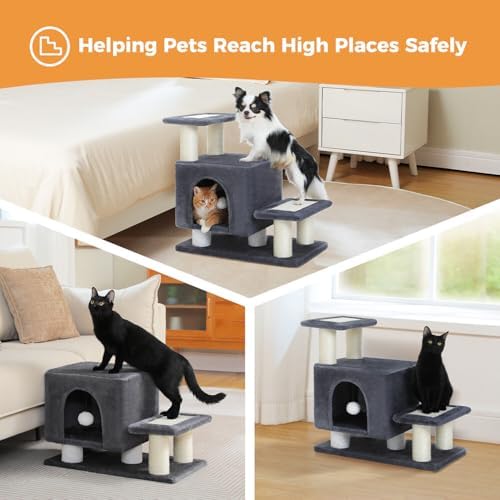 3-in-1 Cat Stairs with Scratching Post & Condo, Pet Steps, Dark Grey - Image 5