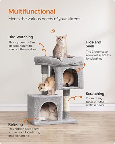 Feandrea Cat Tree, 26.4-Inch Small Cat Tower, Cute Plush Condo, Light Gray - Image 4