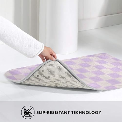 Purple Checkered Grid Bath Mat Non-Slip Soft Microfiber Bathroom Rugs Washable - Image 4