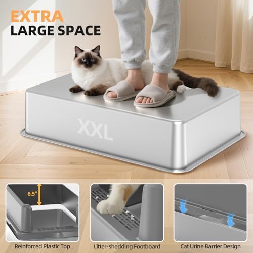 Stainless Steel Cat Litter Box, XXL High Sided Open Top Litter Pan, 1 Scoop - Image 3