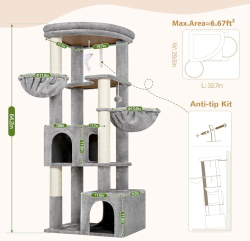 Globlazer C64 Heavy Duty Corner Cat Tree, 64in Large Cat Tower, Light Grey - Image 6