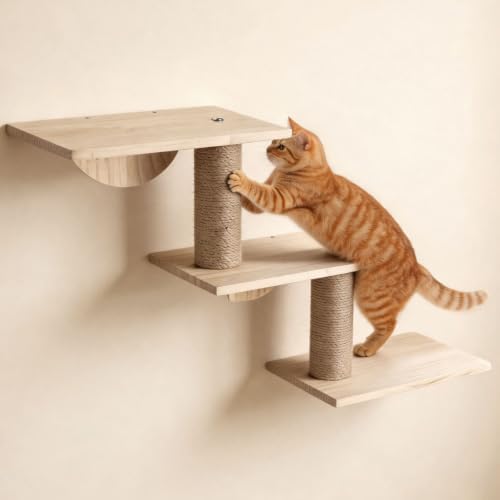 Cat Wall Ladder, 3-Level Cat Climbing Shelf, Solid Pine Wood Pet Wall Perch by Unknown