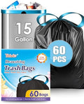 Teivio 15 Gallon 60 Counts Strong Tall Kitchen Drawstring Trash Bags, Medium by Teivio