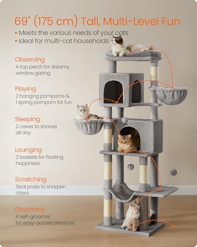 Feandrea Cat Tree, 69-in Large Cat Tower, Dove Gray - Image 3