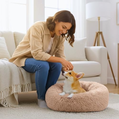 Calming Large Donut Dog and Cat Bed, Anti-Anxiety Round Soft Fluffy Plush Faux - Image 6