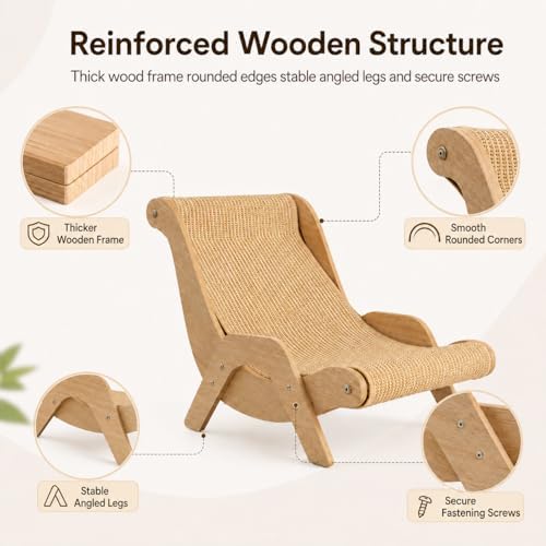 Cat Scratch Lounger Chair, Wooden Sisal Scratching Bed，14.5''*20.2''*12.4'' - Image 6
