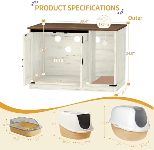Hzuaneri Cat Litter Box Enclosure, Hidden Litter Box Cabinet Furniture - Image 4
