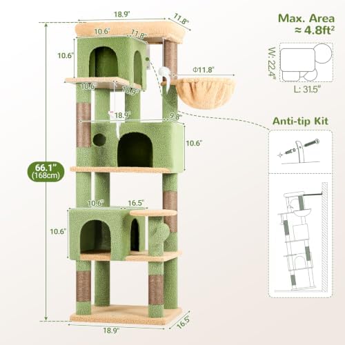 Globlazer F66 Cactus Corner Cat Tree, 66in Multi-Level Climbing Tower - Image 6