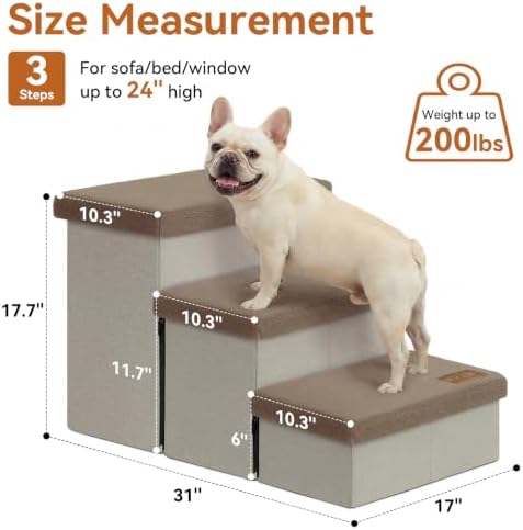 Zerbuger Dog Stairs with Storage Khaki Furry Lids 3 Steps Dog Ramp no Condo - Image 2