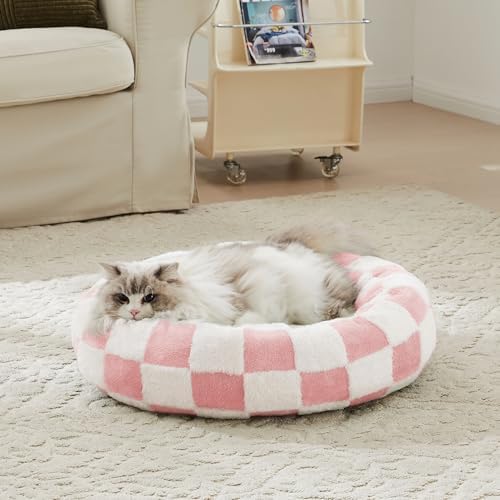 Ohocut Checkered Cat Dog Bed, Cute Girly Pink Retro Style Aesthetic Round by Ohocut