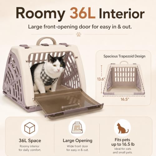 Hard-Sided Cat Carrier for Large Cats up to 16 lbs, Foldable PP Plastic Pet - Image 6