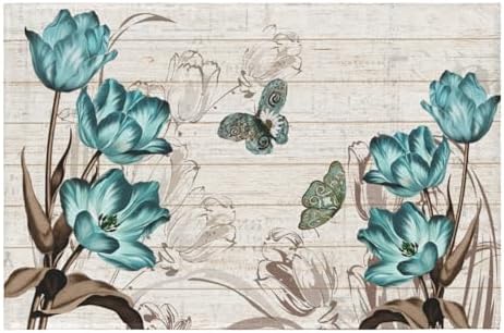 Giwawa Teal Floral Bath Rug Butterfly Flower Bath Carpet Soft Bathroom Plush by Giwawa