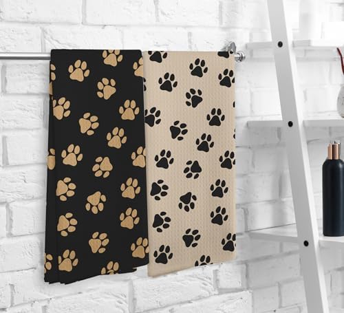 Black and Brown Dog Paws Kitchen Towels and Dishcloths Set of 2, Dog Paw Print - Image 6