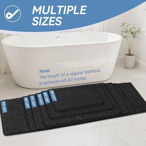 Bcoimo Bath Rug Mat, 70x24 Chenille Non Slip Black Long Bathroom Runner Rug - Image 2