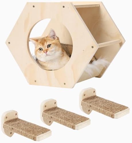 KATRIS Cat Shelves with 3 Steps Scratcher Post & Hammock, Wall Mounted Climbing by CoolEx
