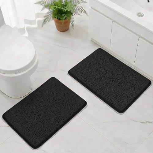 Bcoimo Bath Rug Mat Set, 2 Piece Thick Absorbent Chenille Bathroom Mat Black by Bcoimo