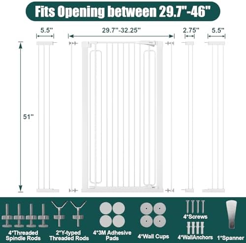 keny 51" Extra Tall Pet Gate, 29.7"-46" Wide Adjustable Cat Gate - Image 6