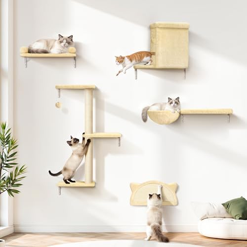 5-in-1 Cat Wall Shelves, Solid Wood Cat Wall Furniture Set by PLEKER