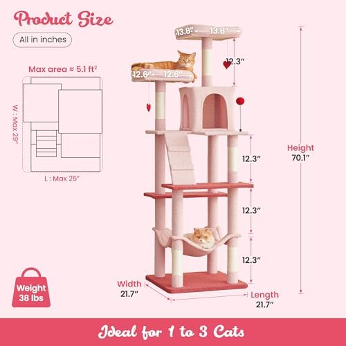 MWPO Cute Cat Tree, 70.1-Inch Tall Pink Cat Tower - Image 6