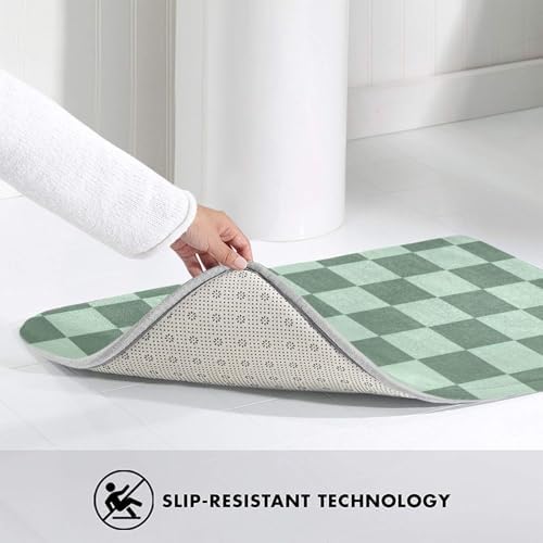 Checkered Green Bath Mat Non-Slip Soft Microfiber Bathroom Rugs Washable Bathmat - Image 4