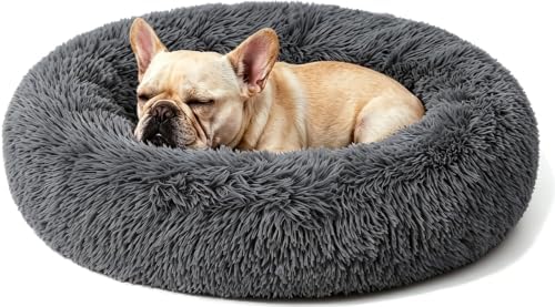 Calming Large Donut Dog and Cat Bed, Anti-Anxiety Round Soft Fluffy Plush Faux by Homeuslynn