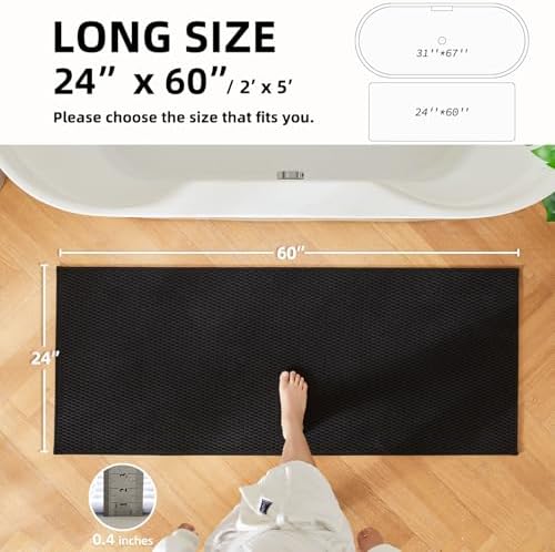 TYUU Black Bathroom Runner Rug, Long Bath Mat Washable Thin Quick Dry Low Pile - Image 2