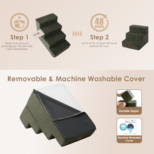 EHEYCIGA Dog Stairs for Small Dogs 13.5" H, 3-Step Dog Steps for Cats, Military - Image 6