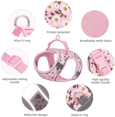 Small Dog Harness Pink Daisy Flowers No Pull Reflective Harness - Image 4