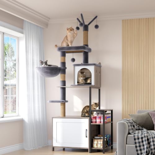 HavenlyYouth Cat Tree with Food Station and Litter Box Enclosure, Plush Hammock by HAVENLYYOUTH