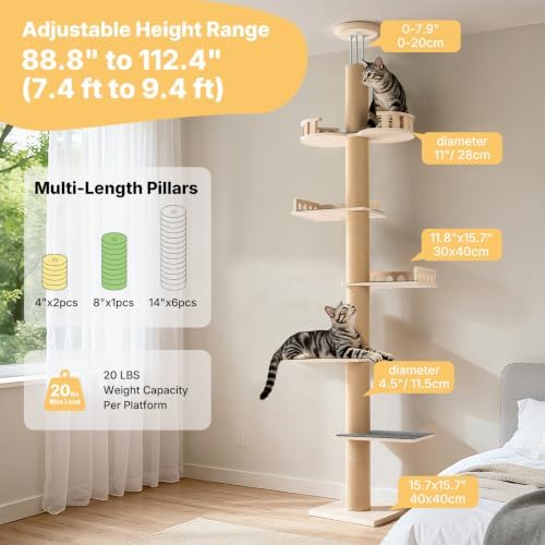 Veehoo Floor to Ceiling Cat Tree, 61-110" Adjustable Tall Tension Cat Tower - Image 3
